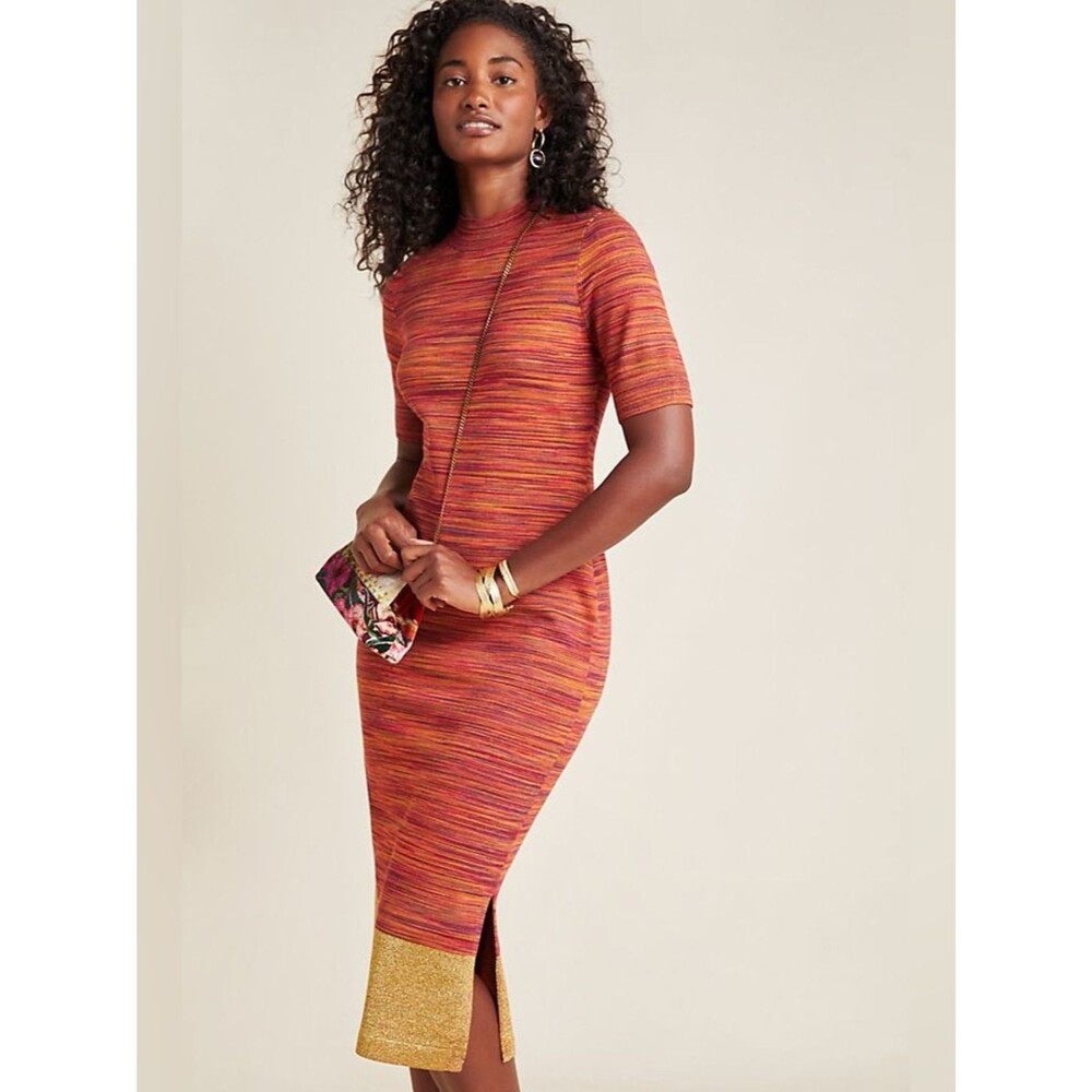 Anthropologie Maeve Warm Toned Space-Dyed Knit Midi Dress Gold Hem Size Small